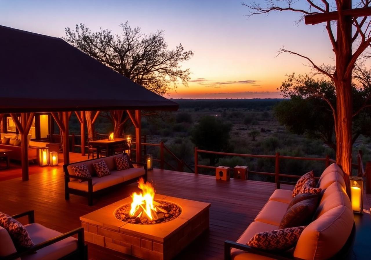 Luxury African safari lodge at dusk